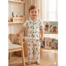 Vavbaby Pamuklu Kruvaze Yaka Önden Düğmeli Havuç Desenli Mevsimlik Alt Üst Pijama Takım (Beyaz)
