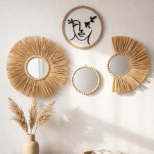 4'lü Bohem Duvar Dekoru Seti - El Yapımı Rafya Boncuklu Ayna ve Ahşap Pano