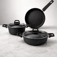 Lavonni Dark Stone 5 Parça Ezme Granit Tencere Seti - Siyah - 20 Derin-26 Basık - 26 Tava