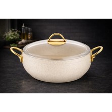 Lavonni Caldora 18 Cm Derin Granit Güveç Tencere Krem Gold Saplı Cam Kapaklı Yapışmaz