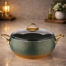 Lavonni Caldora 18 Cm Derin Granit Güveç Tencere Gold Saplı Yeşil Cam Kapaklı Yapışmaz