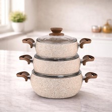 Lavonni Granit Pro 6 Parça Granit Güveç Tencere Seti Cappucıno Bakalit Saplı - 18/20/22 Derin