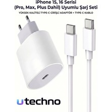 25W (Watt) Hızlı Şarj Adaptörü + Kablo Iphone 15 Iphone 16 Pro Max Plus Uyumlu Beyaz Hızlı Şarj Aleti Seti Type-C To Type-C Iphone Uyumlu Utechno