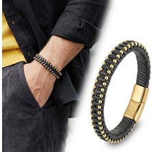 Moncuk Design Syah Deri ve Sarı Damla Çelik Zincirli Bileklik 33514B1D2-4