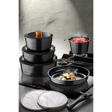 PremiumPort 11 Parça Siyah Indüksiyon Tencere ve Tava Seti, Ayrılabilir Saplı, Güvenli Kullanım