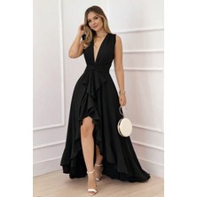 Flamex Kadın Askılı Kruvaze Yakalı Önü Volanlı Uzun Krep Elbise