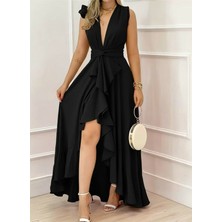 Flamex Kadın Askılı Kruvaze Yakalı Önü Volanlı Uzun Krep Elbise