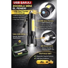 Esplendor USB Şarjlı Zoomlu Mini El Feneri Q5 Güçlü Işık Yan Cob LED Sos Mod Kutulu Taşınabilir
