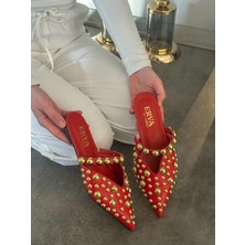 Erva'nın Butiği Kırmızı Cilt (Maria) Gold Droplu Kadın Terlik