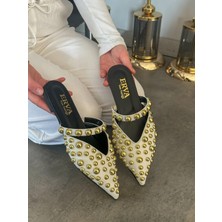 Erva'nın Butiği Beyaz Cilt (Maria) Gold Droplu Kadın Terlik