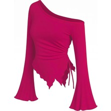 Pms Kadın Fuşya Uzun Ispanyol Kollu Asimetirik Yaka Yandan Bağlamalı Drapeli Bluz