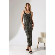 Pms Leopar Desenli Sandy Kumaş Askılı Sırt Detaylı Uzun Elbise