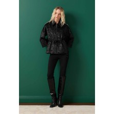 Selen Beli Büzgülü Zebra Desen Ceket  /  Siyah