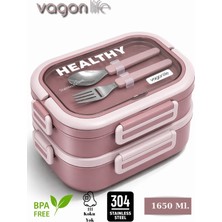 Vagonlife Healthy | Lunch Box 2 Katlı 3 Bölmeli Paslanmaz Çelik Yeni Nesil Sefer Tası - Çatal Kaşıklı -1650 ml