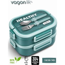 Vagonlife Healthy | Lunch Box 2 Katlı 3 Bölmeli Paslanmaz Çelik Yeni Nesil Sefer Tası - Çatal Kaşıklı -1650 ml