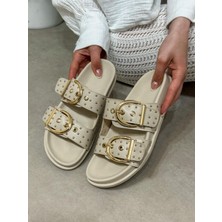 Erva'nın Butiği Bej Cilt (Sorel) Çift Toka Trok Detaylı Kadın Terlik