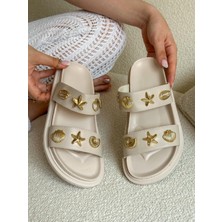 Erva'nın Butiği Bej Cilt (Sorry) Gold Deniz Kabuklu Terlik