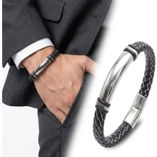 Moncuk Design Isim Yazılabilir Siyah Beyaz Deri ve Beyaz Titanyum Kilit Bileklik 33513B15D10