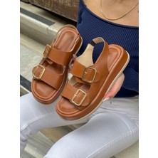 Erva'nın Butiği Taba Cilt (Jenny) Gold Toka Detay Kadın Sandalet