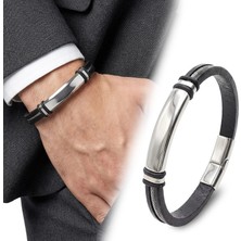 Moncuk Design Isim Yazılabilir Çelik Halatlı Deri ve Beyaz Titanyum Kilit Bileklik 33513B15D2