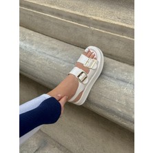 Erva'nın Butiği Beyaz (Jenny) Gold Toka Detay Kadın Sandalet