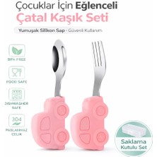 Pembe Renk Premium Çocuk Bpa Free Silikon Saplı Paslanmaz Çelik Uçlu Çatal-Kaşık, (9+ Ay)