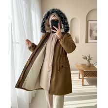 Moda Morfo Sabit Kapşonlu Içi Kürklü Bondit Kaban -Taba