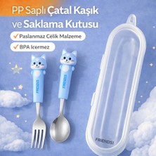 Mavi Renk Kedi Figürlü Premium Çocuk Bpa Free Paslanmaz Çelik Uçlu Çatal-Kaşık Set 24+ Ay