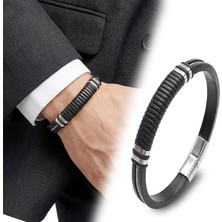 Moncuk Design Siyah Deri ve 316L Halat Çelik Erkek Bileklik 33514B19D2