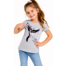 Pıtırcık Kız Çocuk Angel Desenli Simli Gri Renk Kısa Kol Tişört