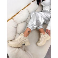 Erva'nın Butiği Bej Cilt (Leo) Leopar Detaylı Kadın Bağcıklı Sneakers