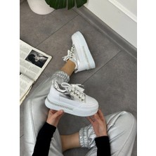 Erva'nın Butiği Gümüş Beyaz (Miles) Taş Detay Yüksek Taban Bağcıklı Sneakers