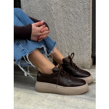 Erva'nın Butiği Kahve Cilt (Leoy) Leopar Bağcıklı Kadın Sneakers