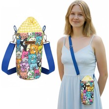 PremiumPort El Yapımı Sevimli Kedi Desenli Büzgülü Termos ve Matara Kılıfı