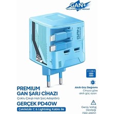 TKÇ Gan+ Pd 40W Hızlı Şarj Adaptörü Çoklu Çıkış Usb-C Lightning Kablolu Hızlı Şarj Cihazı