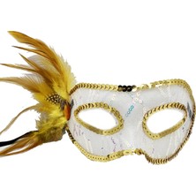 Bazarhane Altın Renk Yandan Tüylü Pul Payet Işlemeli Parti Maskesi 23X12 cm