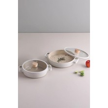 PremiumPort Fika Cam Kapaklı Seramik Kaplama Sahan Seti 2'li 20/22 cm Bej