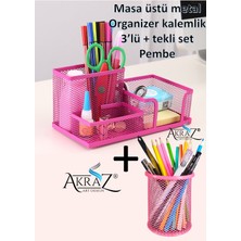 Akraz Art Design Masa Üstü Metal Kalemlik Seti 3'lü Pembe + Tekli Kalemlik (Set)