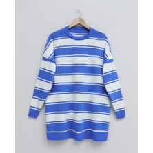 Moda Morfo Kalın Çizgili Salaş Triko Tunik -Mavi