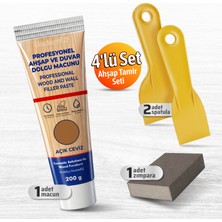 Badem10 (4'lü) Ahşap ve Duvar Tamir Seti Açık Ceviz 200 gr Dolgu Macunu 2 Adet Plastik Spatula Kübik Zımpara