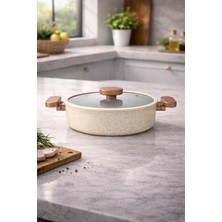 PremiumPort 24 cm Granit Basık Tencere, Silikon Kenarlı Cam Kapak, Dayanıklı ve Şık