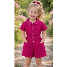 Kız Çocuk Yakası Taş Detaylı Pembe Kot Tulum