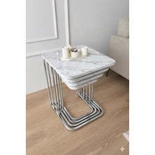 Eryalux Home Zigon 4'lütekerli Gümüş-Beyaz Mermer Zigon Sehpa