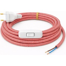 Conana Kumaş Örgü Kablolu, Arapuar Anahtarlı Fiş (2x0,50) Kırmızı Beyaz Zigzag - 2 Metre