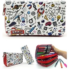 Ulu Pazarlama Kawai Desenli Üç Bölmeli Kalem Kutusu, Vegan Deri, Kırmızı