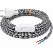 Conana Kumaş Örgü Kablolu, Arapuar Anahtarlı Fiş (2x0,50) Siyah-Beyaz Zigzag - 2 Metre