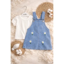 Aslin Store Papatya Işleme Detaylı Kız Bebek Salopet Elbiseli 2 Li Takım
