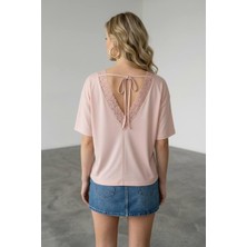 Mersi Kadın Sırt Dekolteli Dantel Detaylı Bağlamalı Kısa Kollu Tişör