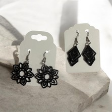 Major Hobi Siyah Çiçek ve Katmanlı Geometrik Desenli Hafif Şık Küpe - 3D Baskı
