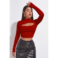 Kont Kadın Kırmızı Göğüs Dekolteli Uzun Kollu Cut Out Crop Top Bluz